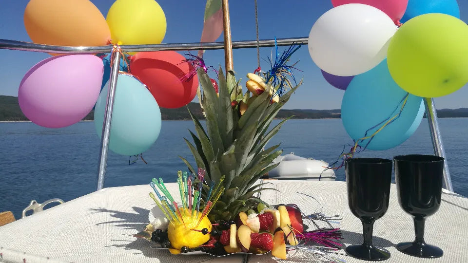 Sailing yacht with group on Lake Iskar