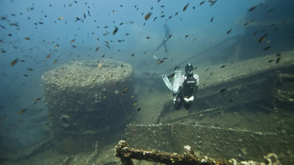 Freediver practicing efficient finning in Nikiti, Greece