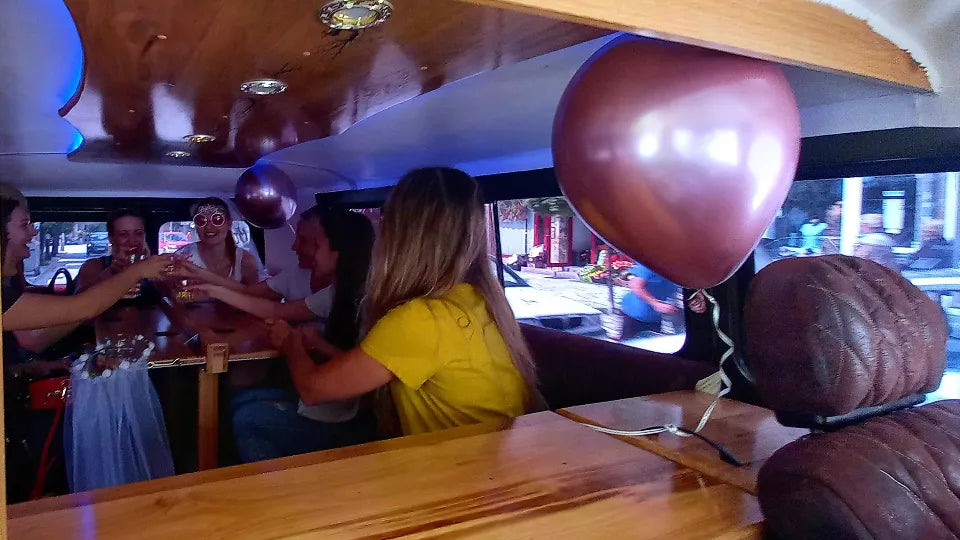 Leather sofas and LED lights inside the safari bar on wheels