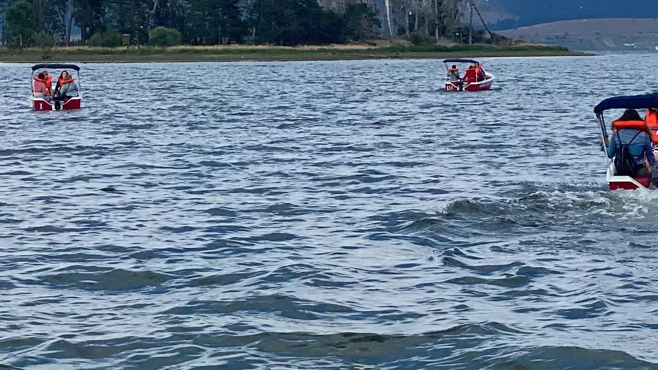 Family motorboat ride on Batak Reservoir with shade canopy