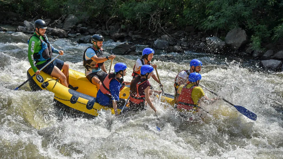 Raft with guide on the Struma River rapids, Kresna Gorge