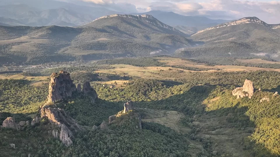 Hot air balloon over the Belogradchik Rocks at sunrise