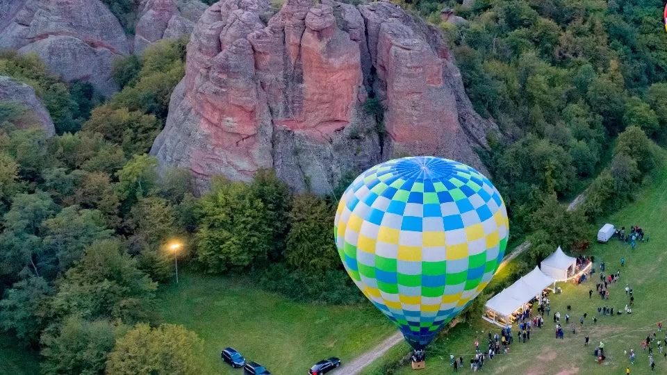 Tethered hot air balloon group ascent over the Belogradchik Rocks