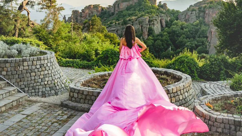 Detail of an airy gown during a photoshoot in Belogradchik