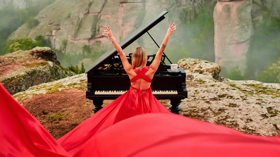 Flowing gown photoshoot at the Belogradchik Rocks with long train