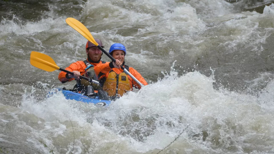 Tandem kayak on the Struma River rapids
