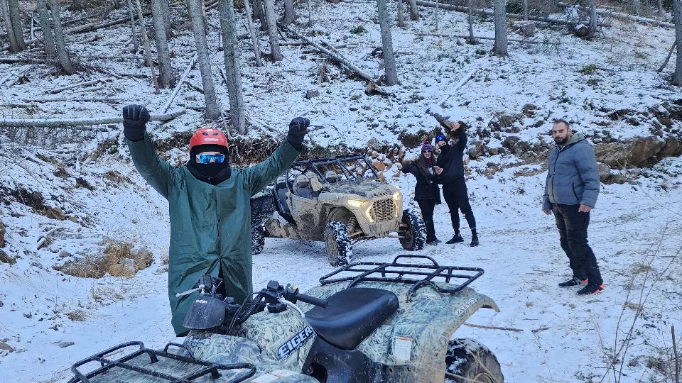 Winter ATV ride in Pamporovo on snowy forest trails
