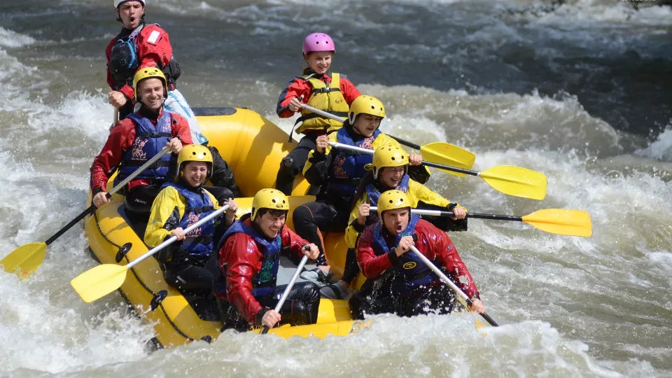 Rafting safety gear set on the Struma River bank