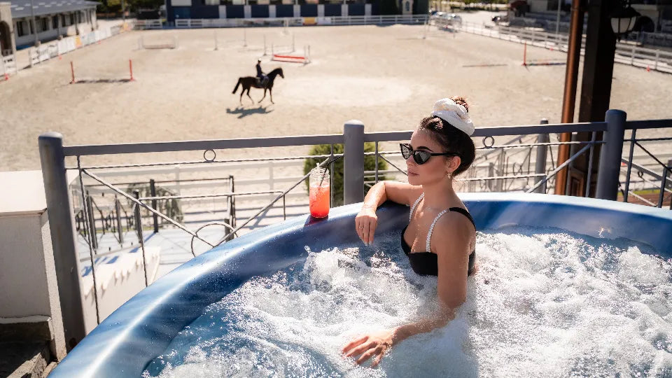 Heated outdoor hot tub overlooking the riding arena – spa escape near Plovdiv