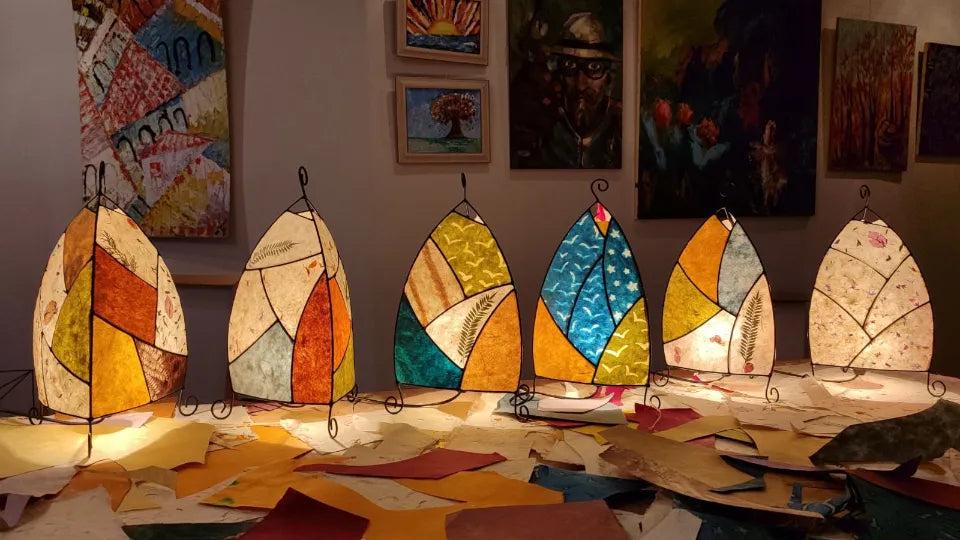 Handmade Nepalese paper lamp on a metal frame