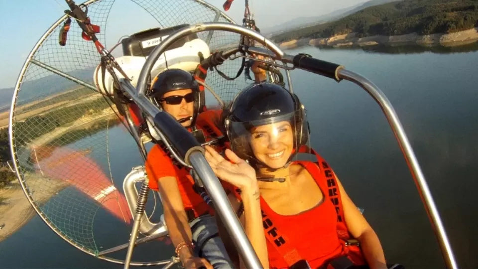 Paratrike in flight with views of Kazanlak and surroundings