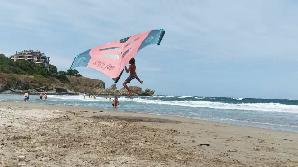 Wing surfing equipment prepared on the beach in Tsarevo