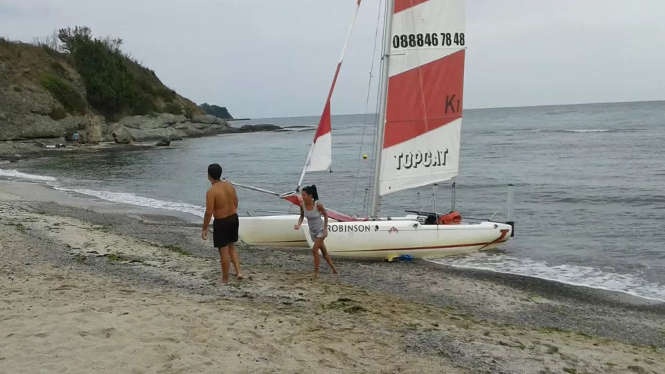 Twin-hull catamaran cruising off the Tsarevo coast