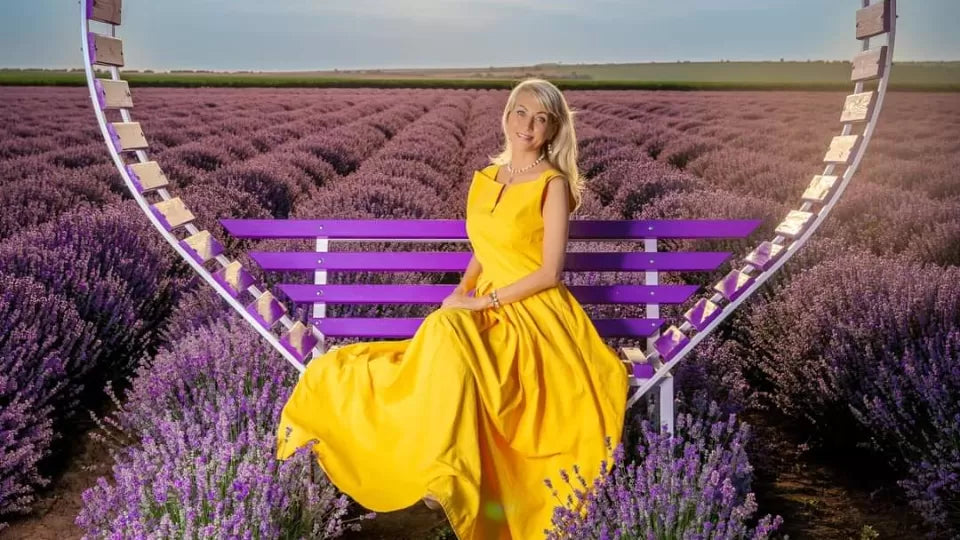 Retro photo decor and purple landscape in the lavender field near Altimir