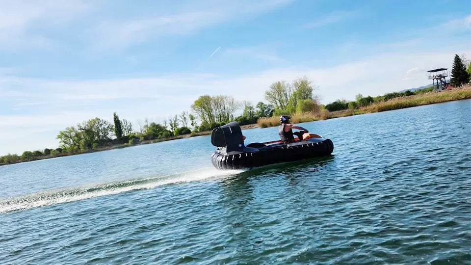 Fast hovercraft turn with water spray, Sofia