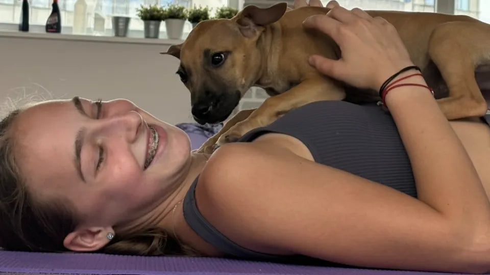 Puppy yoga class in Sofia with playful puppies