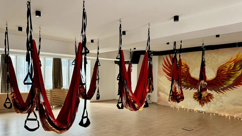 Sofia studio setup with aerial yoga hammock for pregnant women