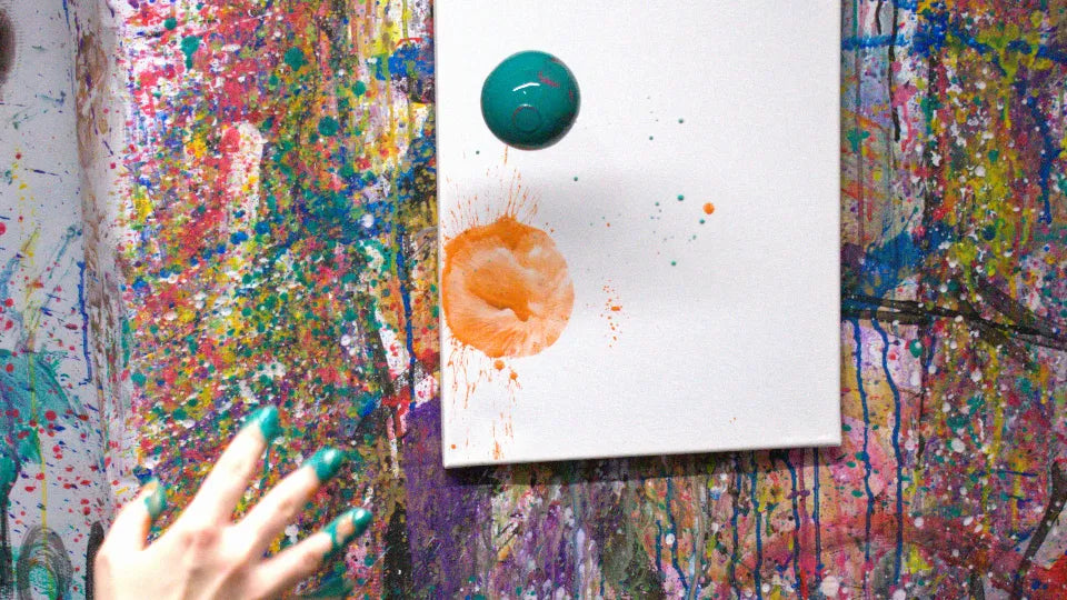 Finished abstract canvases after action painting, Sofia