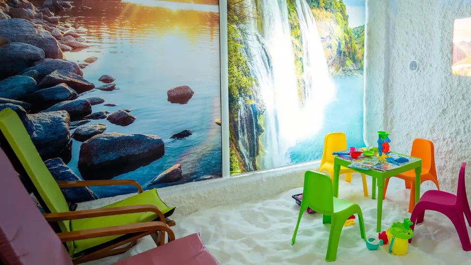 Couple practicing gentle yoga in a salt room in Targovishte