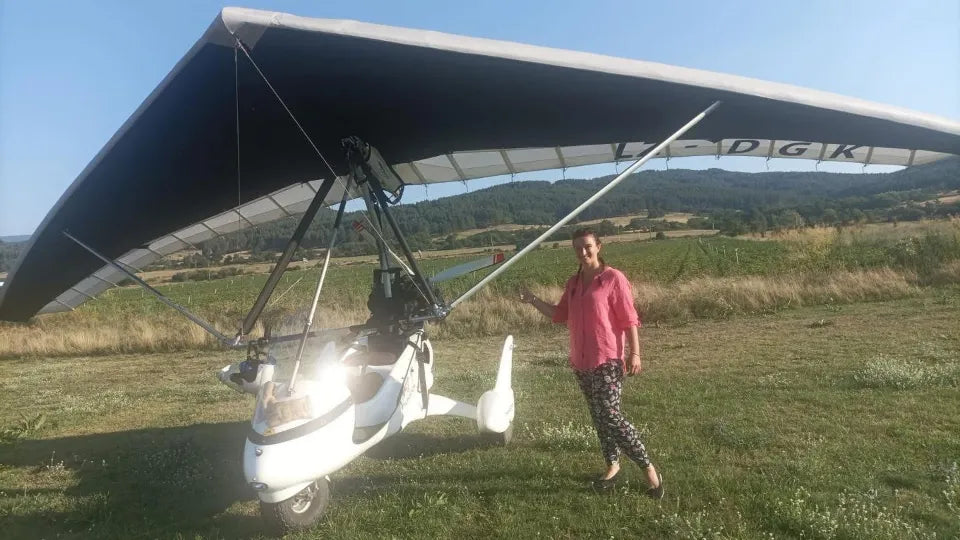 Aerial view of Batak Lake from a powered hang glider near Velingrad