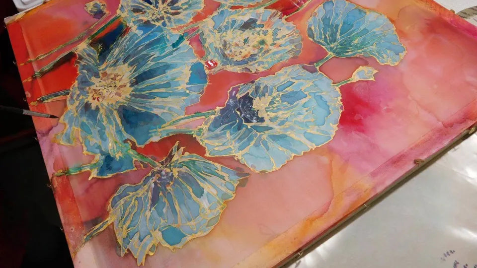 Silk paints and brushes used in the workshop in Sofia