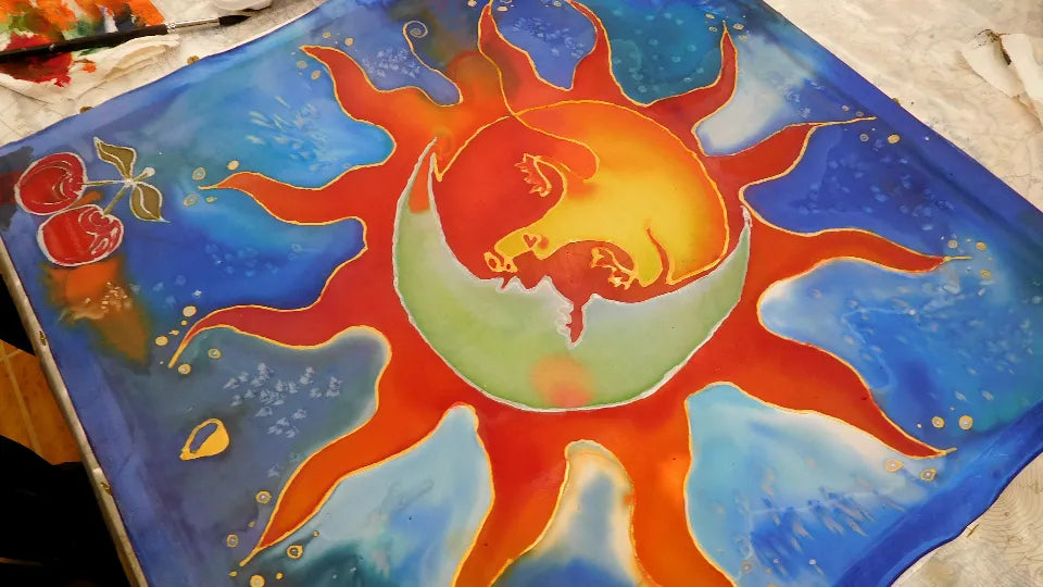 Detail of a 55x55 square silk scarf painted in a Sofia class