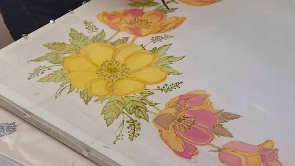 Finished long silk scarf from a silk painting workshop in Sofia