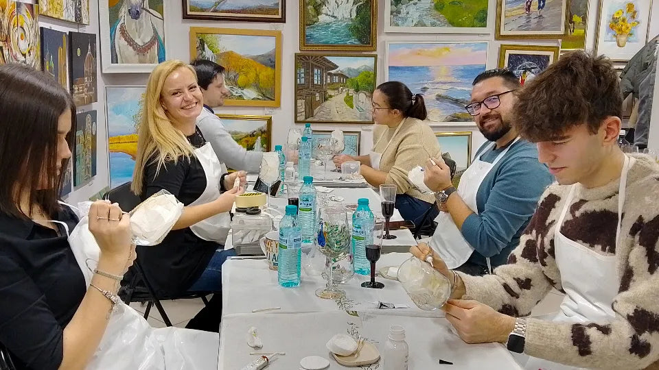 Painting a glass vase with stained-glass paints at a studio in Borovo, Sofia