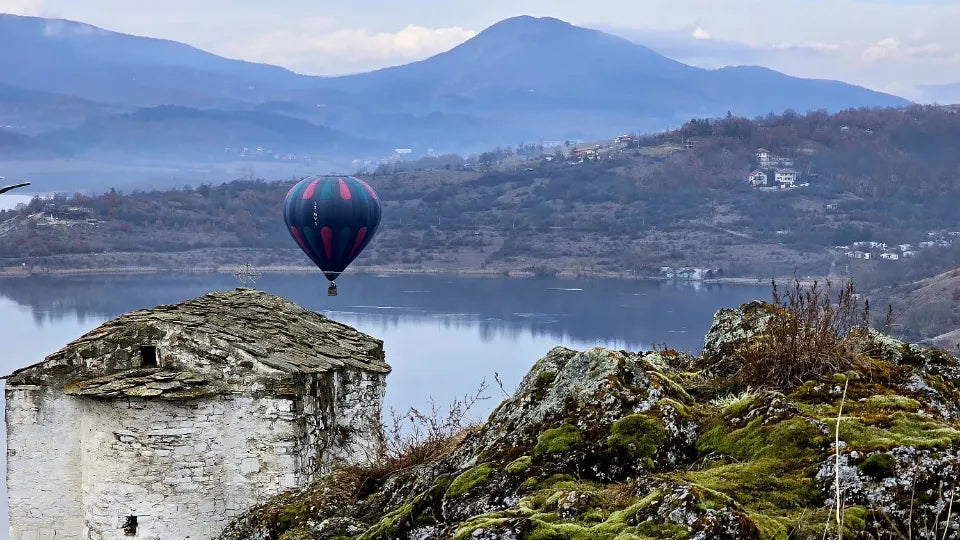 Balloon basket in flight above Pchelina Reservoir, Pernik