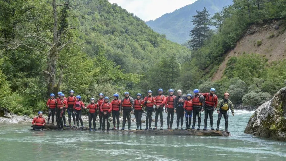 Raft tackling rapids in the Tara River canyon