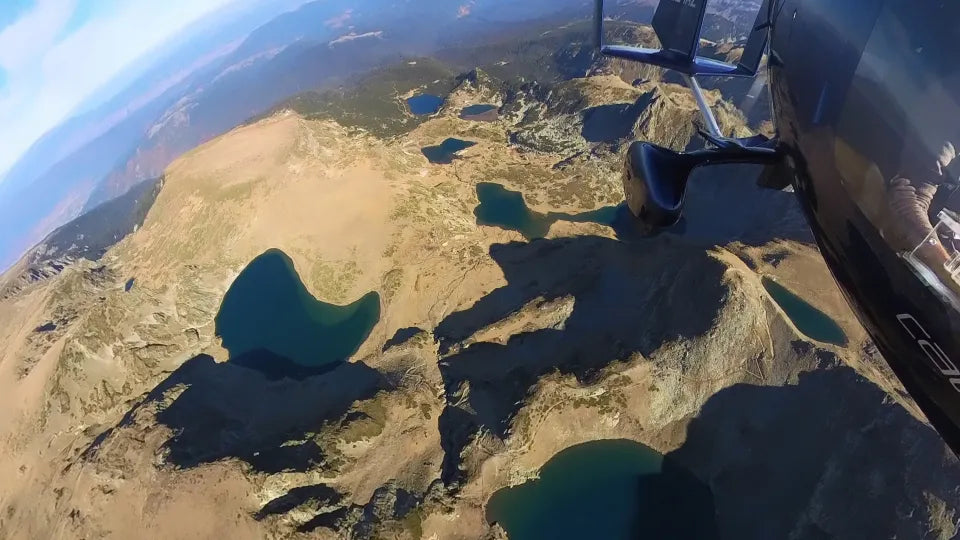 Panoramic view of the Seven Rila Lakes from a gyrocopter