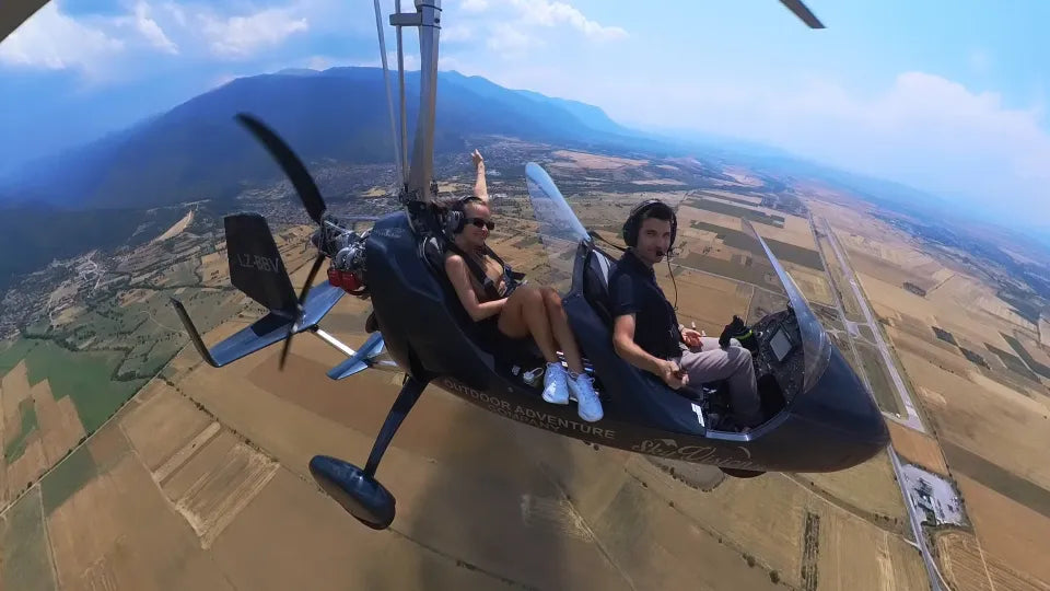 Flying over the Rila Lakes ski run and chairlift by gyrocopter
