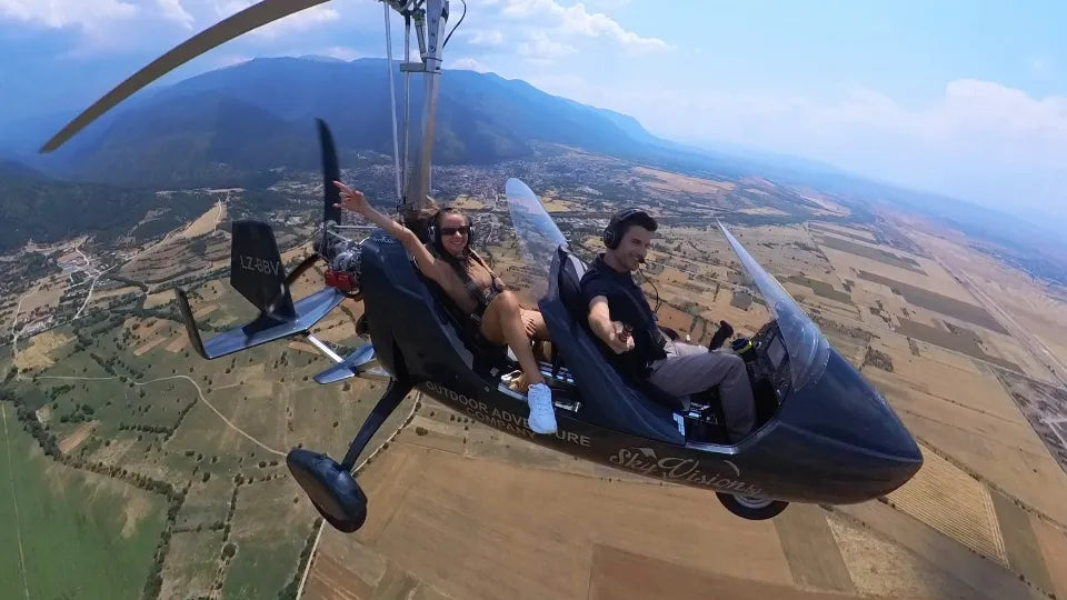 Open-cockpit gyrocopter flight over the Seven Rila Lakes