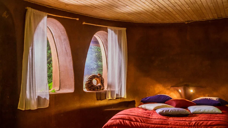 Cozy interior with fireplace at the Fairytale House, Omaya