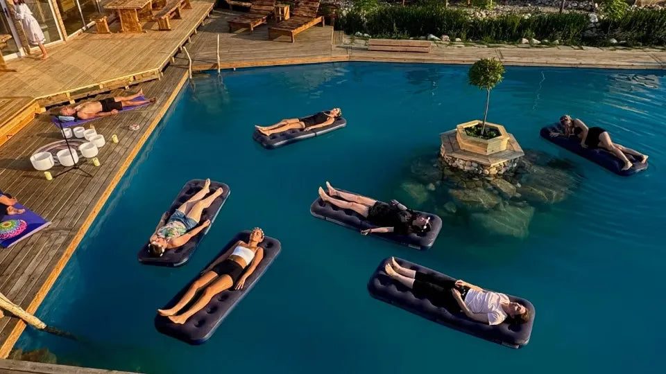 Floating sound therapy in Velingrad with singing bowls on water