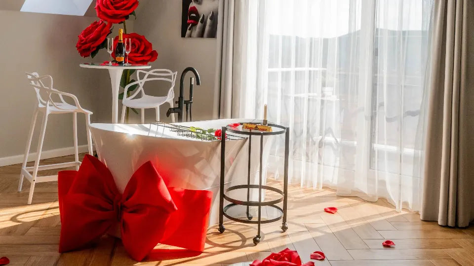 Romantic apartment with bathtub in Velingrad – tub by French window with view