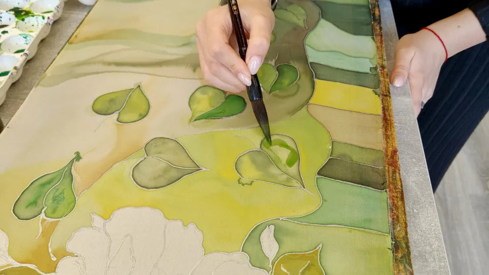 Guided paint on silk class with contours and dyes