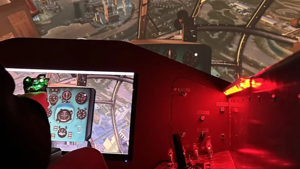Pilot controls and instruments in helicopter simulator, Sofia