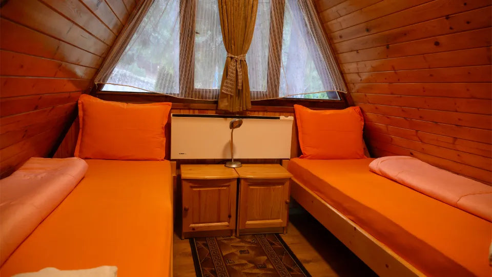Kitchenette and dining space in an A-frame villa near Dospat Reservoir