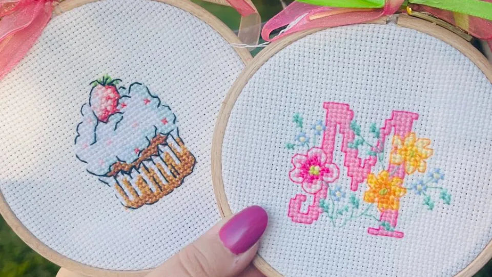 Embroidery materials set up: aida fabric, floss and hoop in a Sofia studio