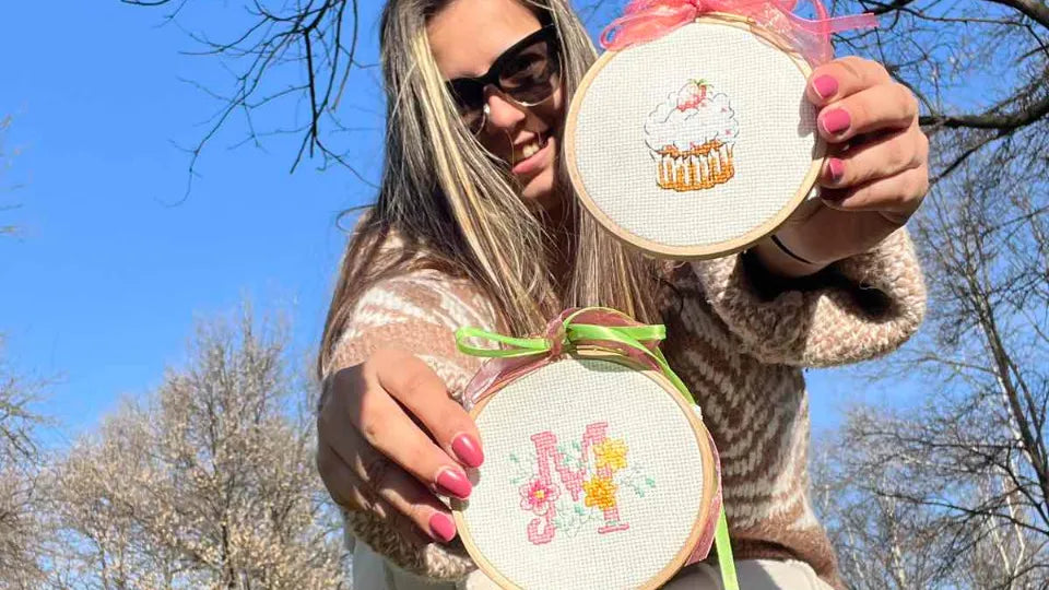 Finished small cross‑stitch motif from a creative workshop for two in Sofia
