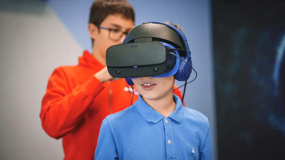 Child wearing Meta Quest 3 during a kids’ VR experience in Sofia near Lion’s Bridge