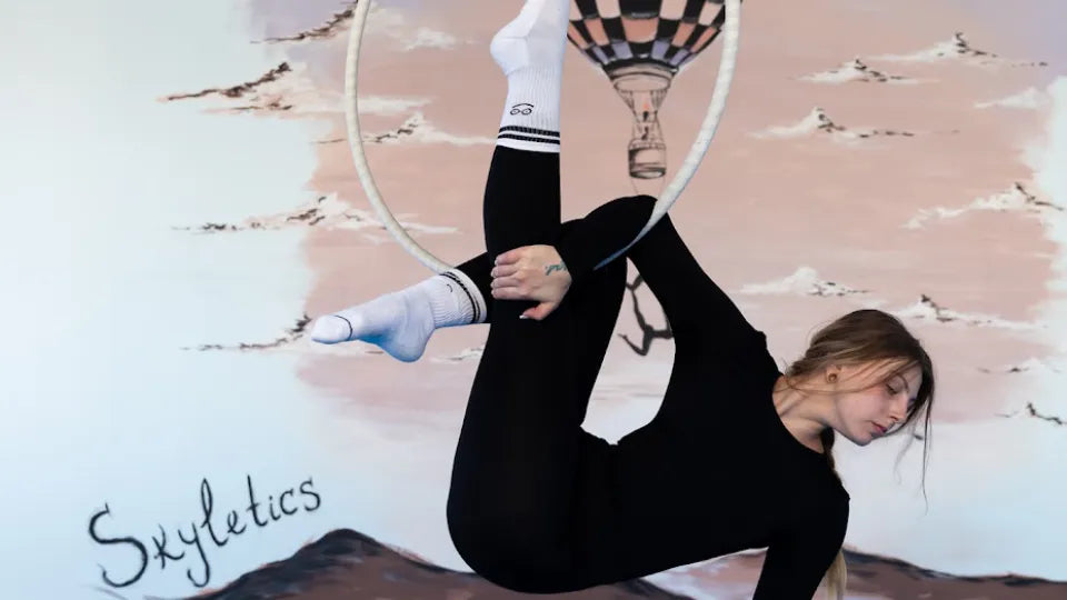 Elegant aerial hoop pose during a private lesson in Sofia