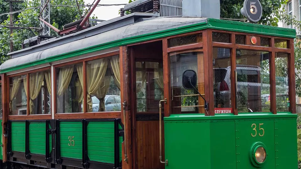 Retro tram at Vazrazhdane Square in Sofia for a weekday private event