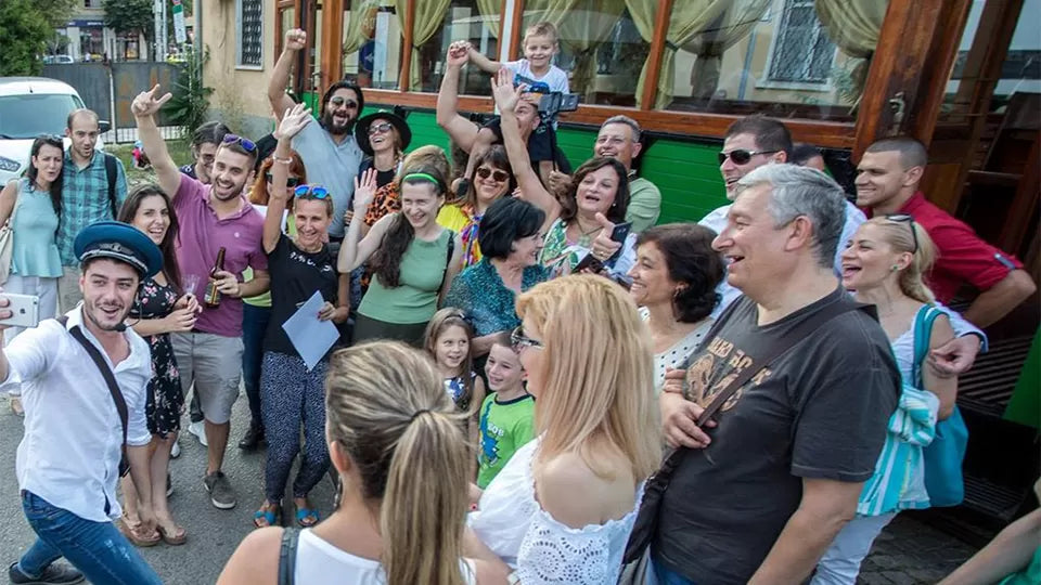 Private vintage tram departing from Vazrazhdane Square, Sofia